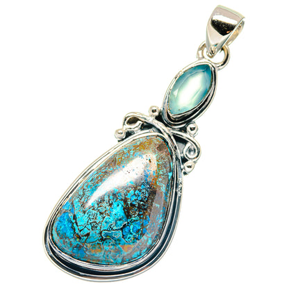 Aqua chalcedony and shattuckite pendant in 925 sterling silver, teardrop ovals