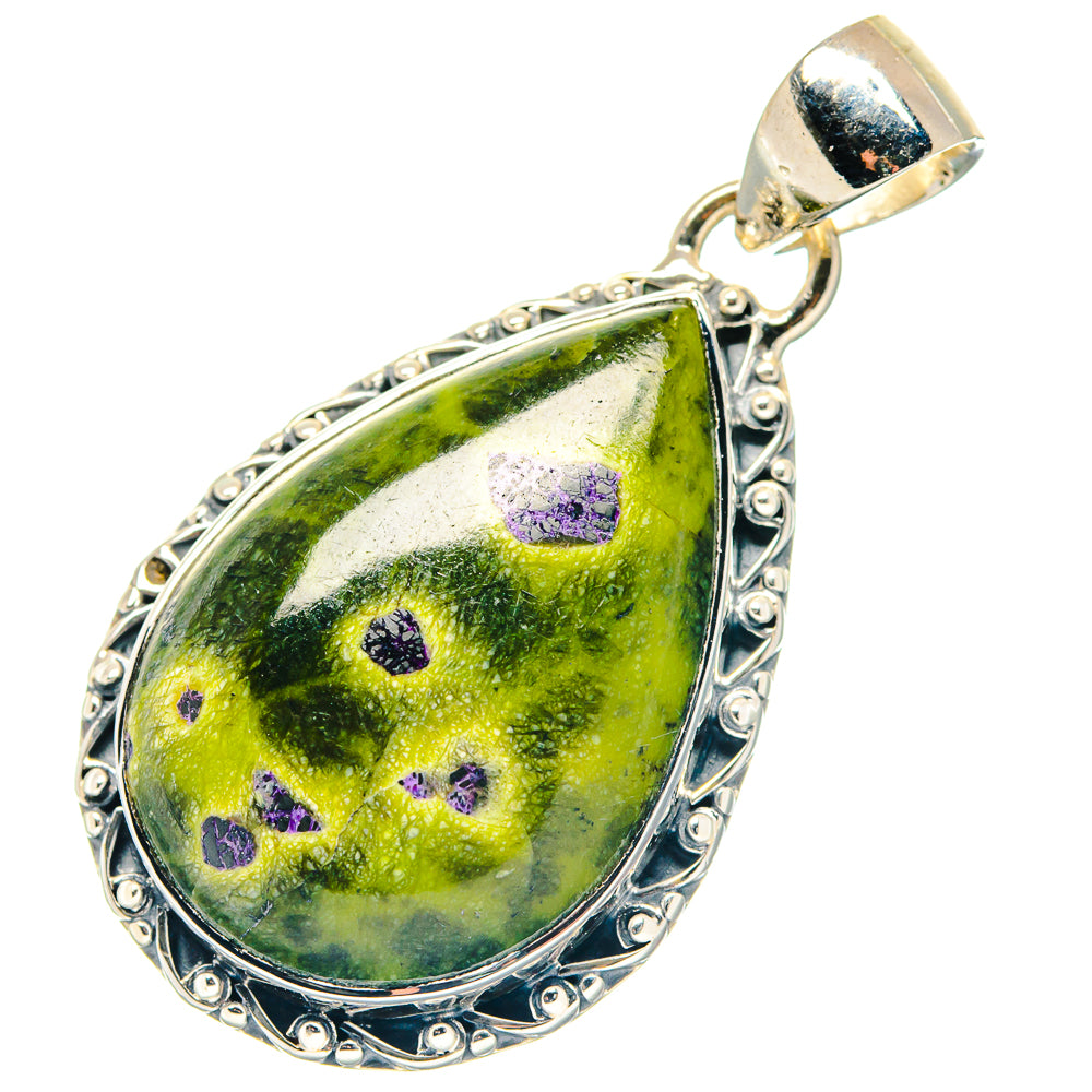 Teardrop atlantisite pendant in 925 sterling silver with green stone and purple dots