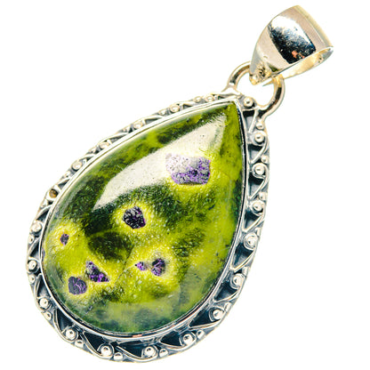 Teardrop atlantisite pendant in 925 sterling silver with green stone and purple dots