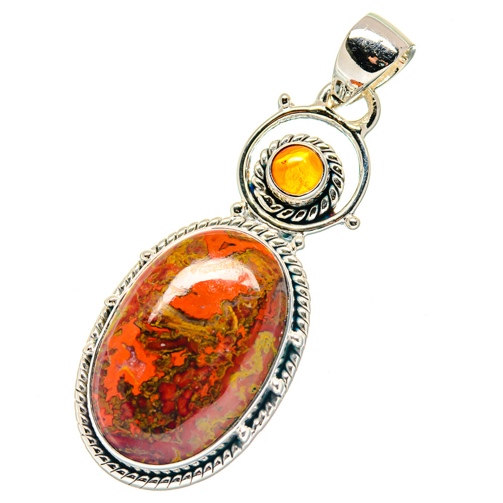 Oval Moroccan agate pendant with round orange carnelian cabochon, 925 sterling silver bail