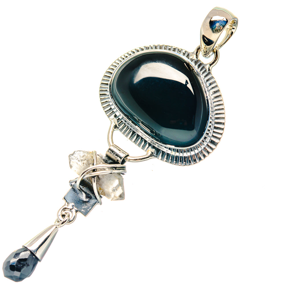 Oval black onyx pendant in 925 sterling silver bezel with faceted teardrop dangle