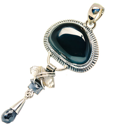 Oval black onyx pendant in 925 sterling silver bezel with faceted teardrop dangle
