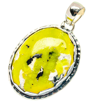 Polished 925 sterling silver oval opal pendant with yellow-green stone and black speckles