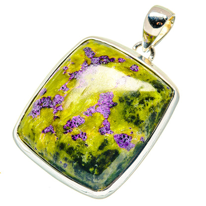 Square sterling silver pendant featuring green atlantsisite with purple mineral spots