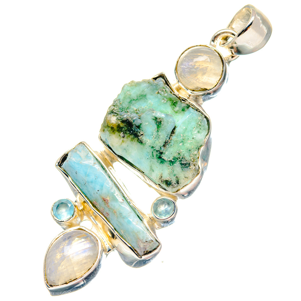 Sterling silver pendant with rough green-blue stone, moonstone accents and blue inlays