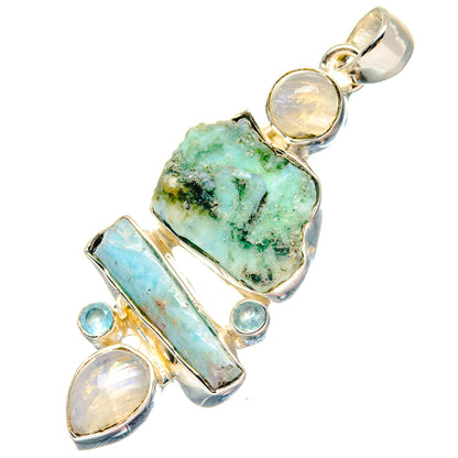Sterling silver pendant with rough green-blue stone, moonstone accents and blue inlays