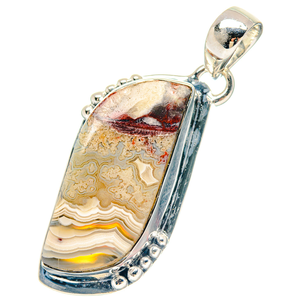 Sterling silver lace agate pendant, long rectangular stone with striped layers, top loop