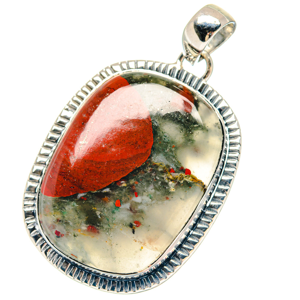 Oval bloodstone pendant with red and green speckled stone in ridged 925 sterling silver bezel