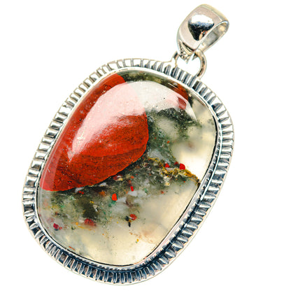 Oval bloodstone pendant with red and green speckled stone in ridged 925 sterling silver bezel