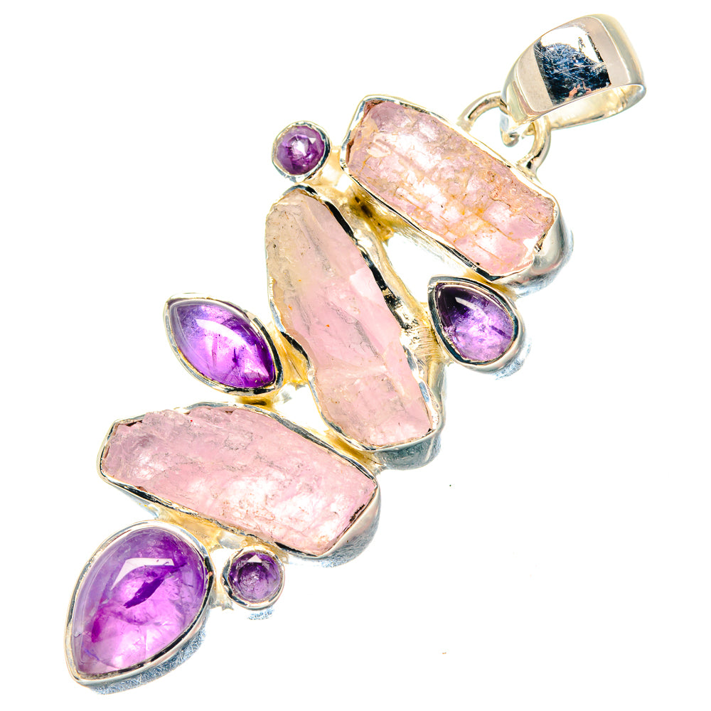 Rough rose quartz and amethyst pendant with 925 sterling silver bail, gold-tone setting