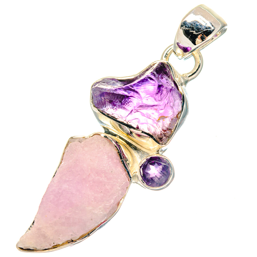 Sterling silver pendant with rough rose quartz and purple amethyst stones