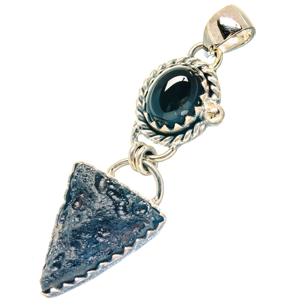 Black onyx cabochon and rough arrowhead tektite pendant in sterling silver
