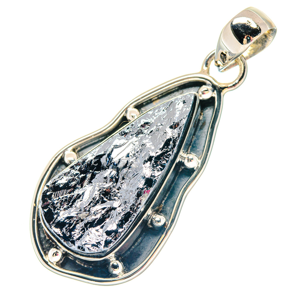 Teardrop galena pendant charm with loop bail and polished sterling silver frame