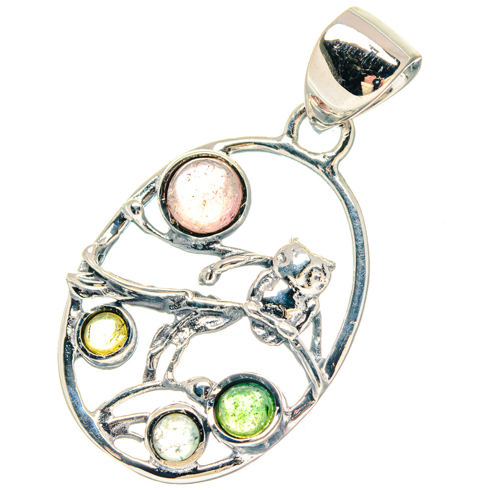 925 sterling silver tourmaline pendant with round pink stone plus green, yellow, and white stones