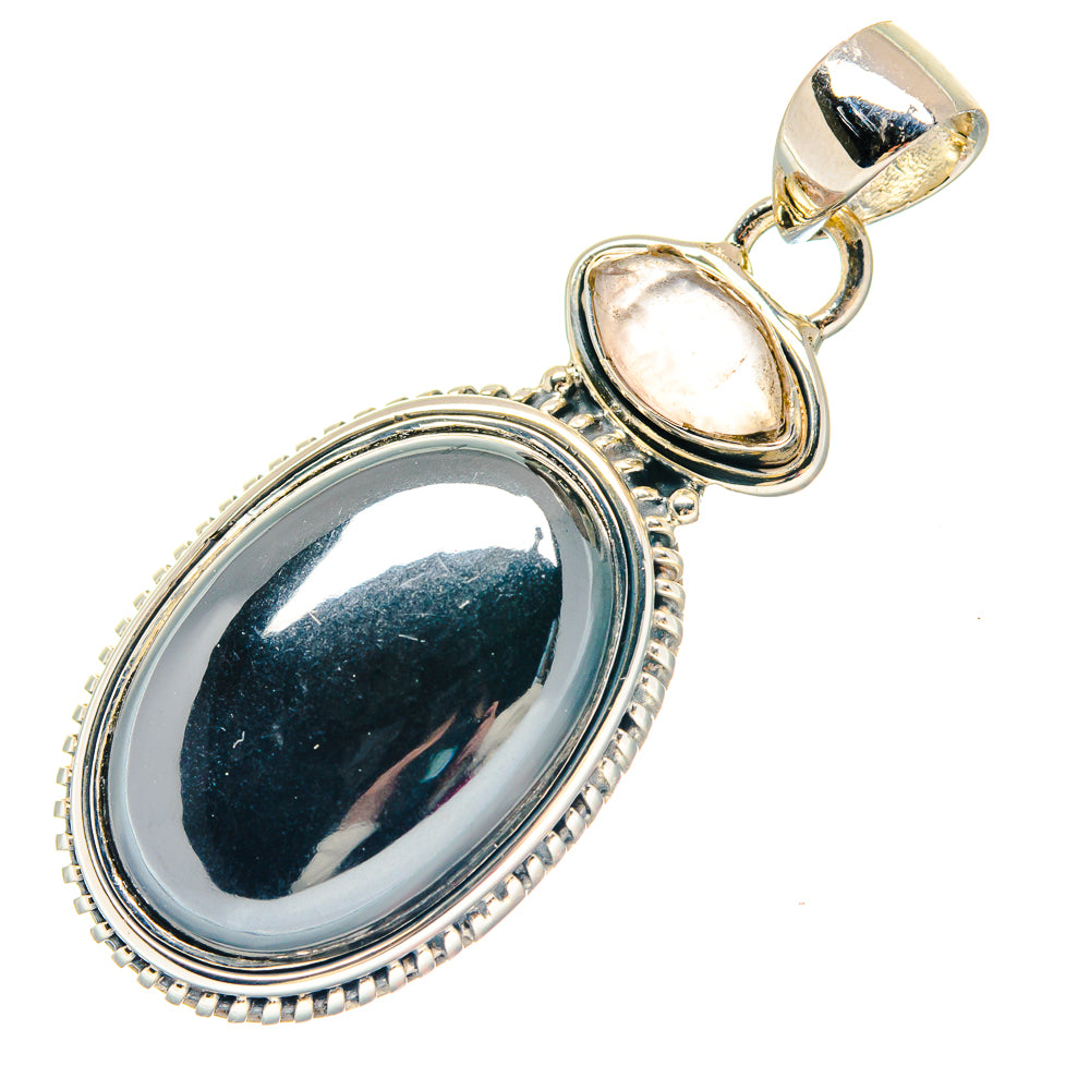 Hematite and rose quartz pendant in 925 sterling silver, oval cabochons with beaded frame