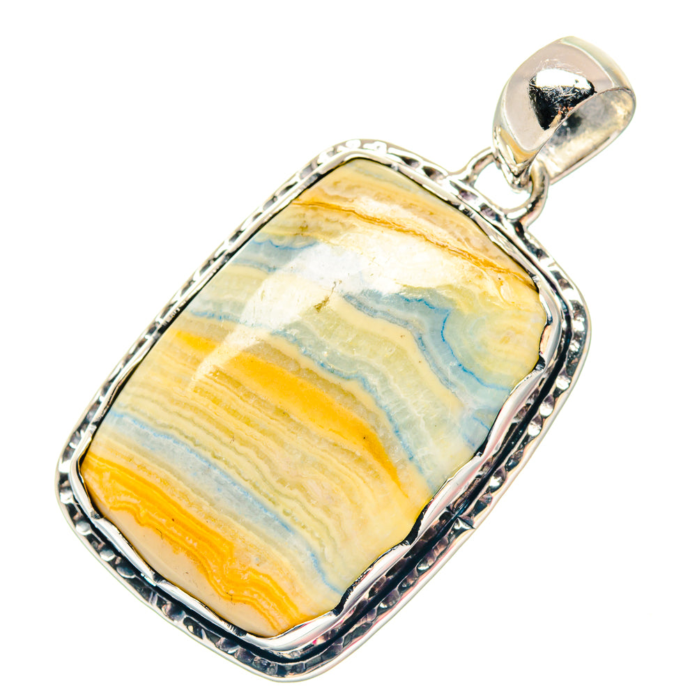 Sterling silver pendant with blue scheelite stone, rounded rectangular frame and loop bail