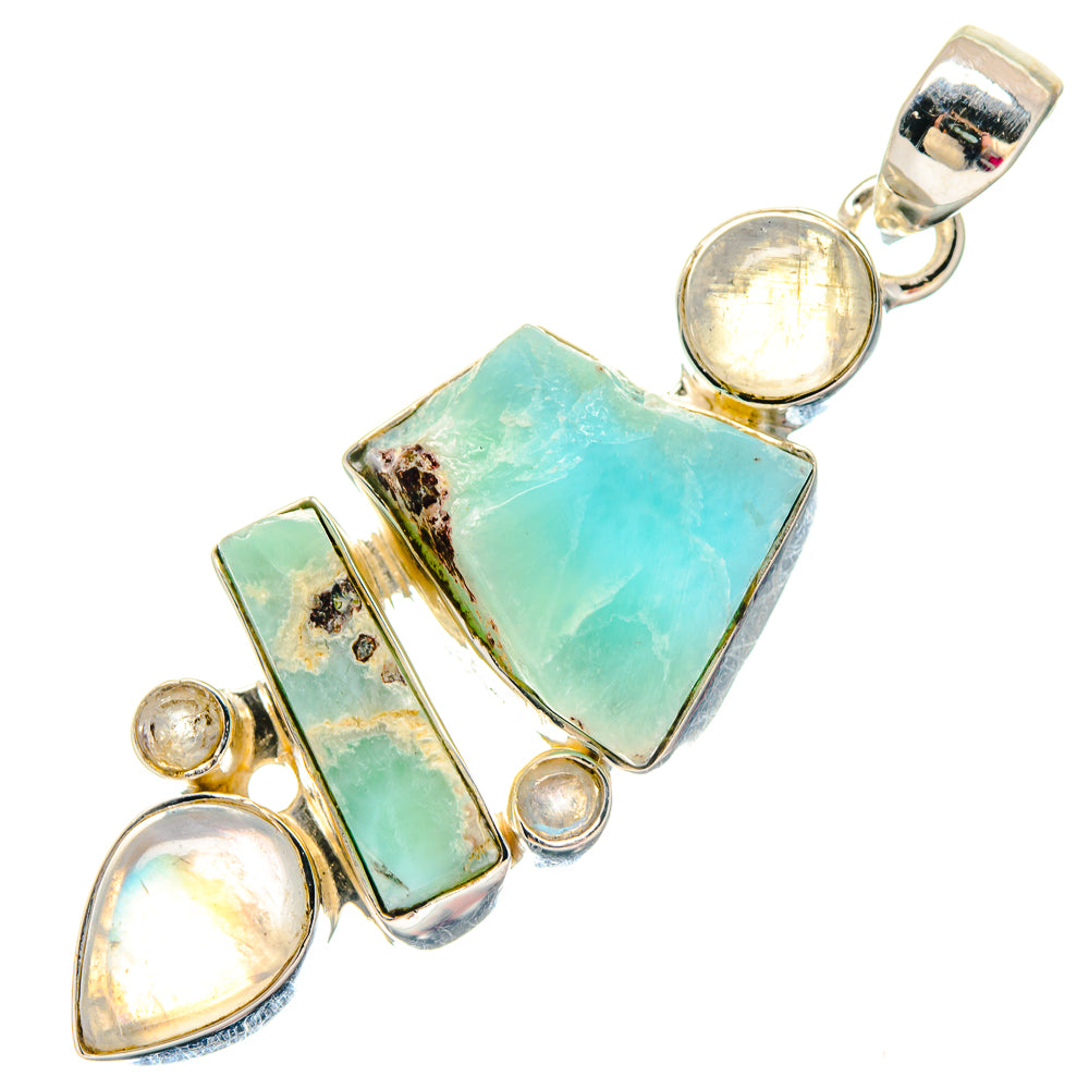 Sterling silver multi-stone pendant with turquoise rectangular stones and oval opal-like charm