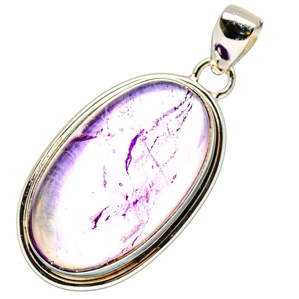Oval amethyst pendant with 925 sterling silver frame and polished bail, purple stone.