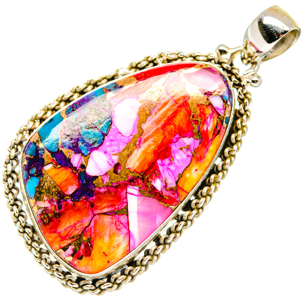 Teardrop 925 sterling silver pendant with bright orange, pink, blue stone inset and bail