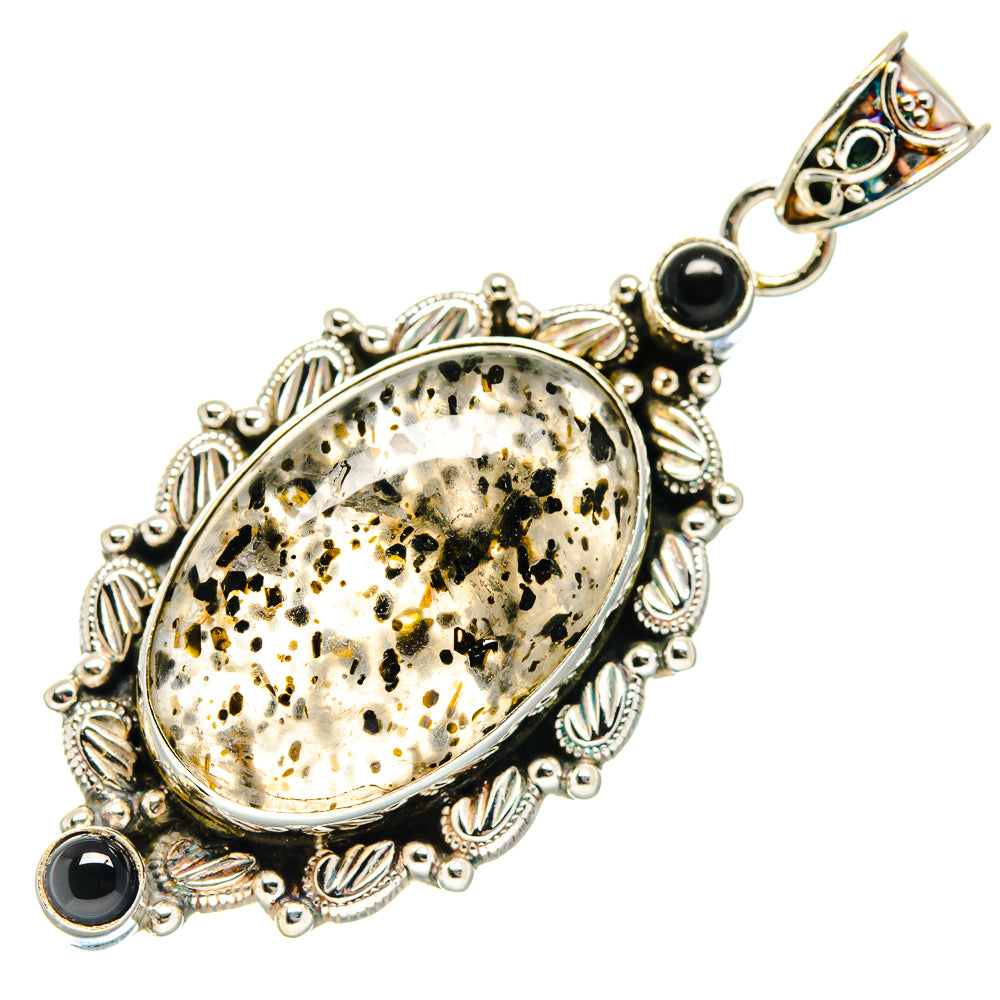 Oval dendritic opal pendant with black onyx accents, 925 sterling silver frame