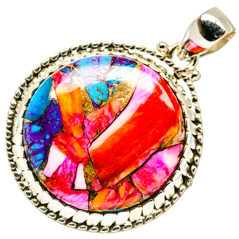 Round multicolor dahlia pendant in silver bezel with top bail
