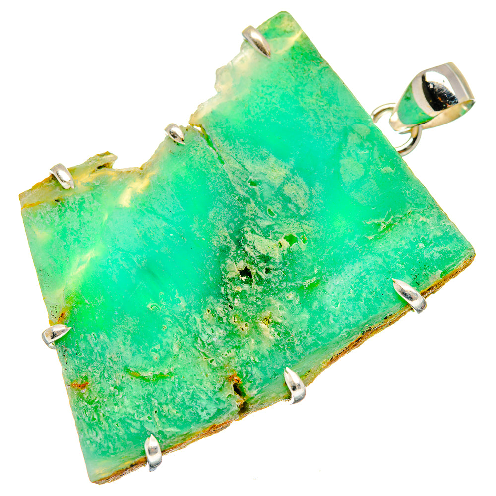 Rough green chrysoprase pendant with rectangular silver prong setting and bail