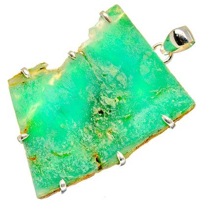Rough green chrysoprase pendant with rectangular silver prong setting and bail