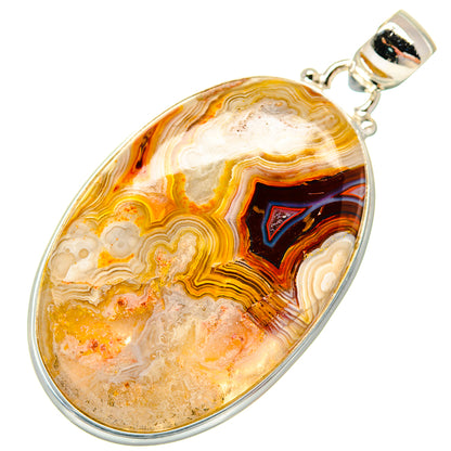 Oval 925 sterling silver agate pendant with orange, cream, and dark banded pattern