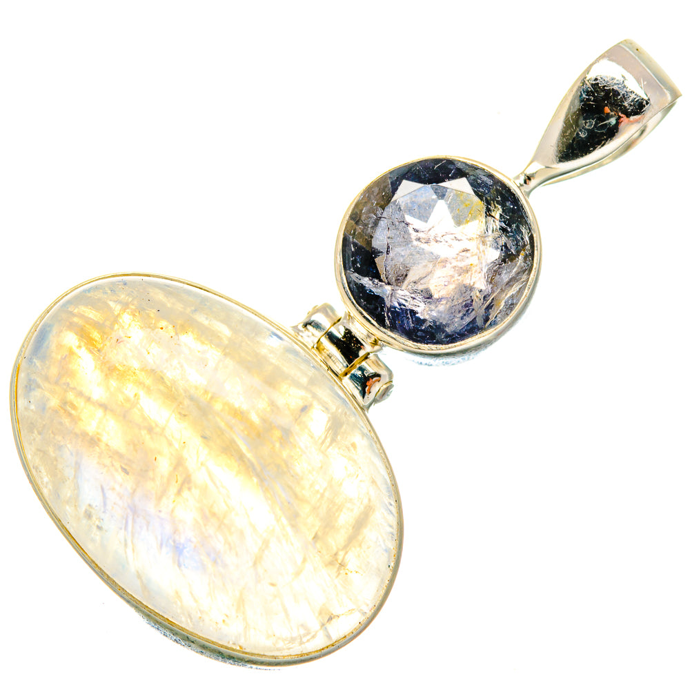 Sterling silver pendant with large oval rainbow moonstone and dark round top gemstone