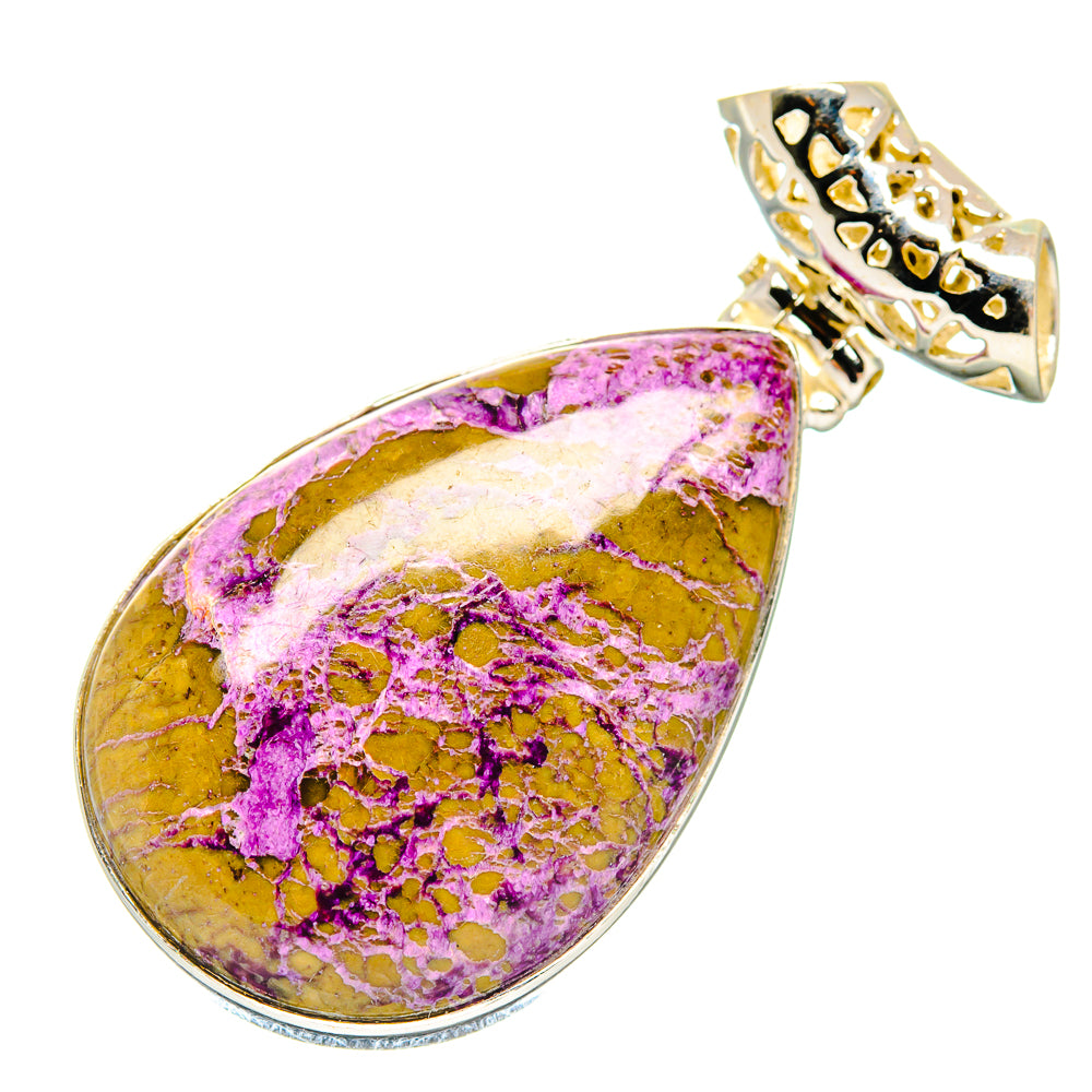 Teardrop stichtite pendant with gold-tone setting, purple-yellow stone and silver border