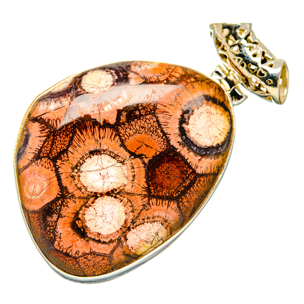 Poppy Jasper teardrop pendant with 925 sterling silver bail, gold-tone setting, orange-brown pattern