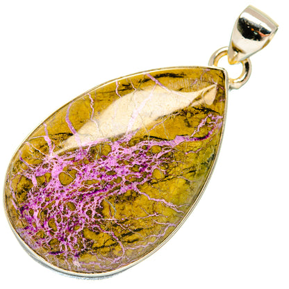 925 sterling silver Atlantisite teardrop pendant with yellow stone and purple web-like pattern