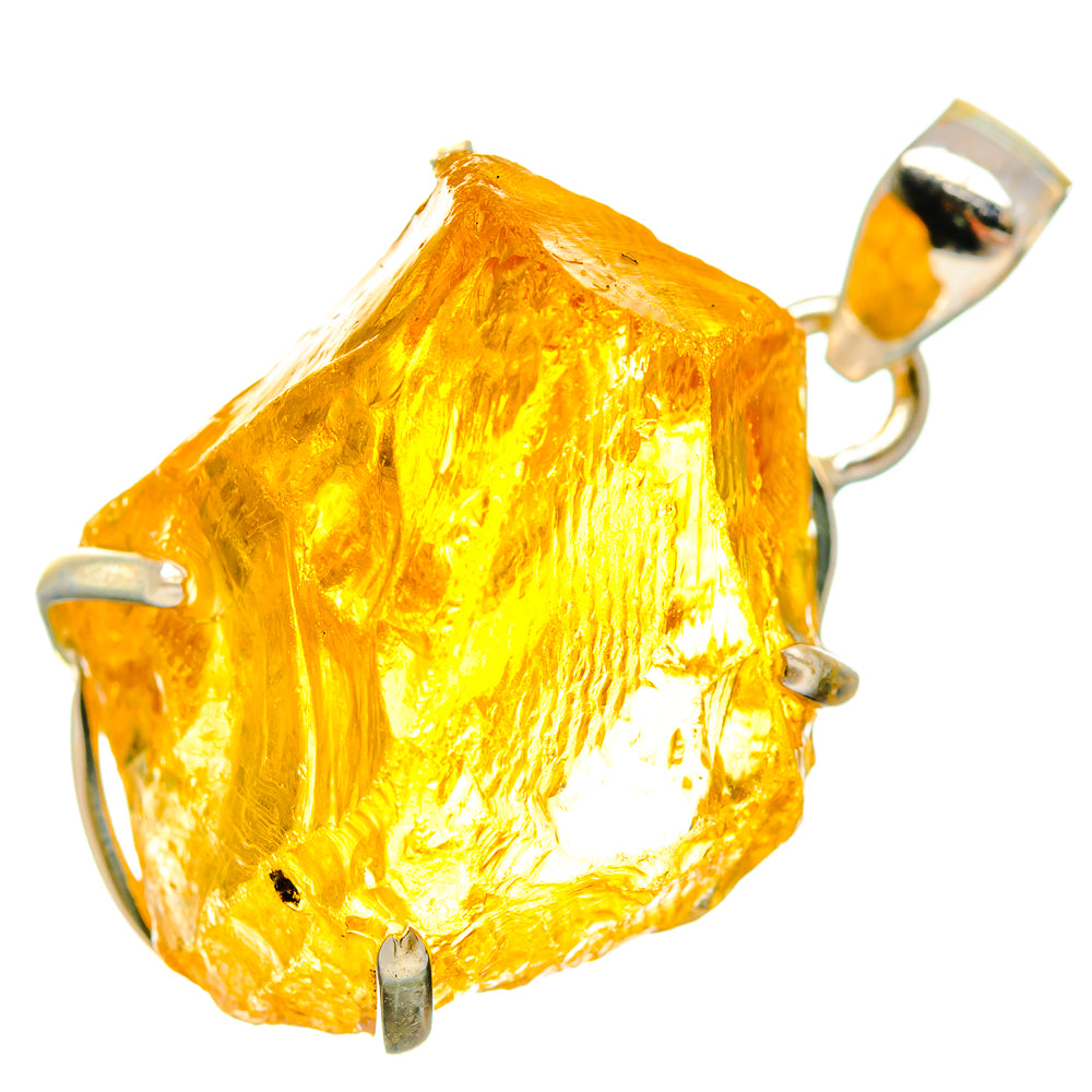 Rough citrine pendant with silver prongs and bail, bright orange-yellow gemstone.