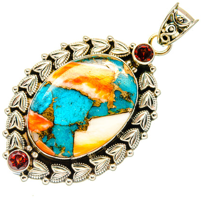 Oval turquoise & orange matrix pendant with red round stones, silver leaf frame and bail