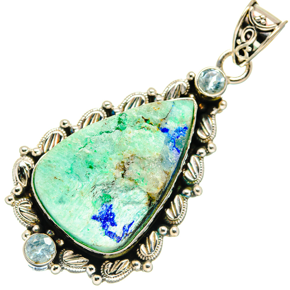 Rough azurite pendant in ornate 925 sterling silver with blue topaz accents