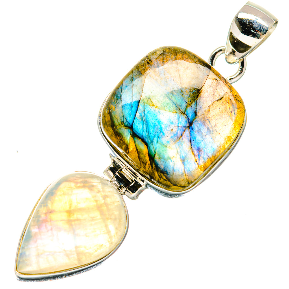 925 sterling silver pendant with oval labradorite cabochon and teardrop rainbow moonstone