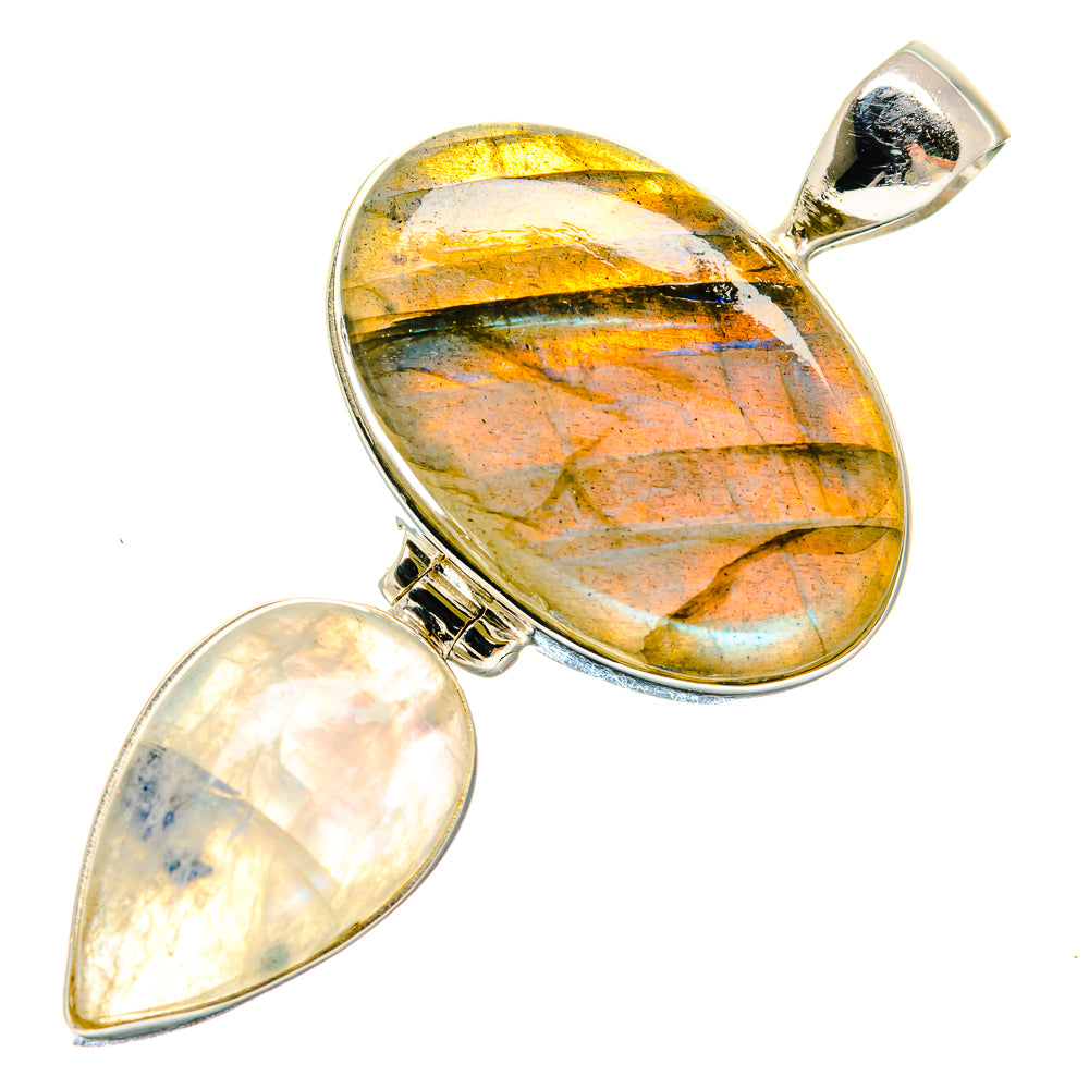 Two-stone sterling silver pendant: iridescent oval with yellow-blue flash and moonstone drop