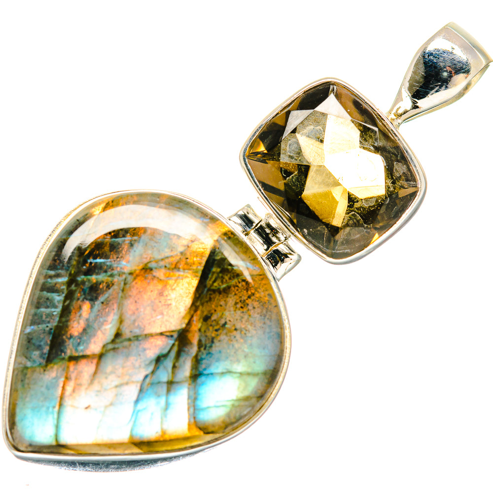 Sterling silver heart pendant with labradorite and smoky quartz in layered setting
