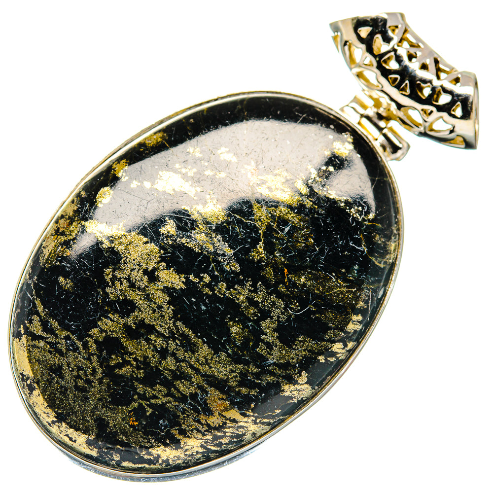 Pyrite on black onyx teardrop pendant, 925 sterling silver ornate bail