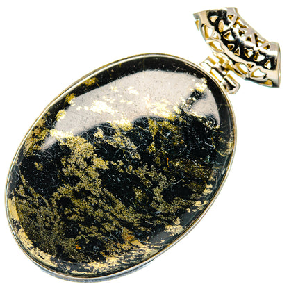 Pyrite on black onyx teardrop pendant, 925 sterling silver ornate bail