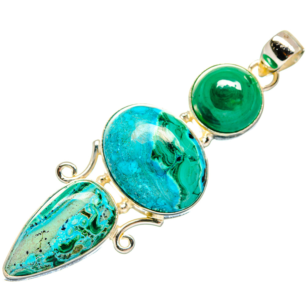 Gold-tone pendant with turquoise oval and green round stones, teardrop accent