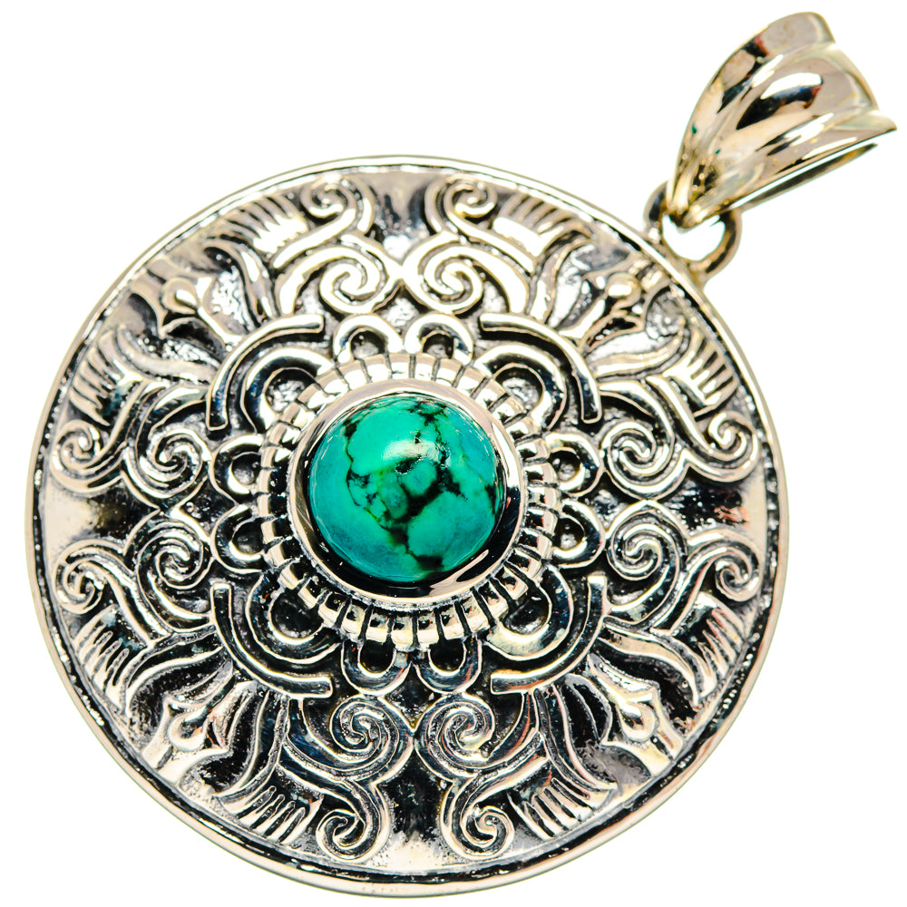 Round Tibetan turquoise pendant, 925 sterling silver with engraved filigree and teal cabochon