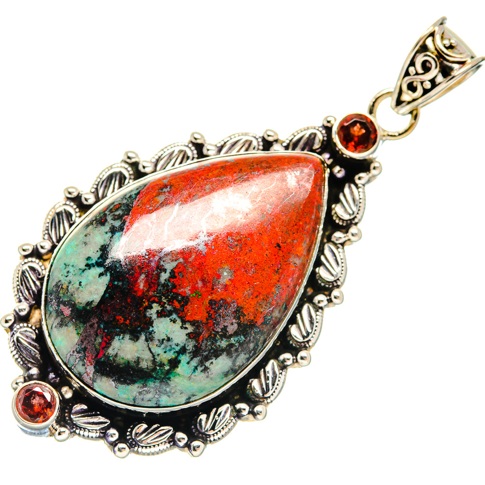 Sonora Sunrise garnet pendant, teardrop cabochon with ornate 925 sterling silver frame and bail
