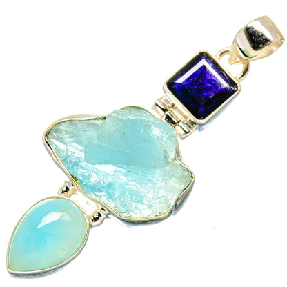 Sterling silver pendant with rough aquamarine, opal teardrop, and square blue gem