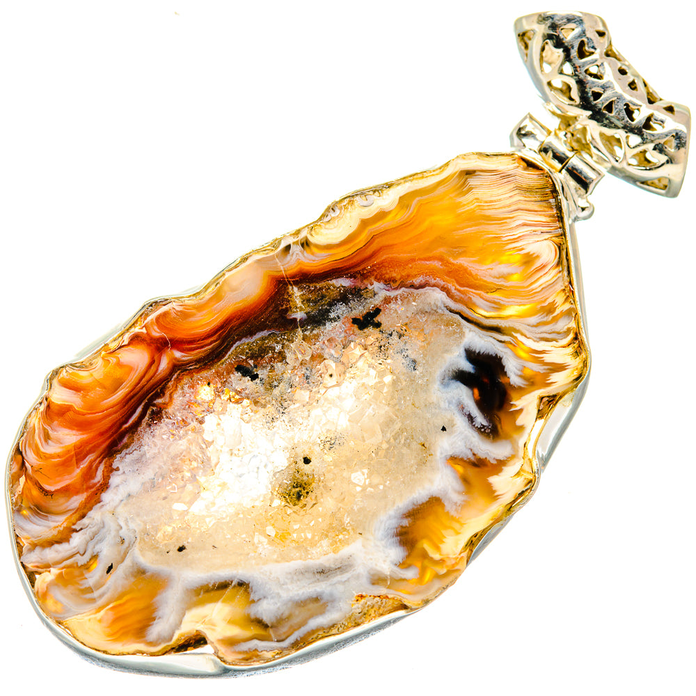Sterling silver geode pendant with orange and gold agate slice and detailed bail
