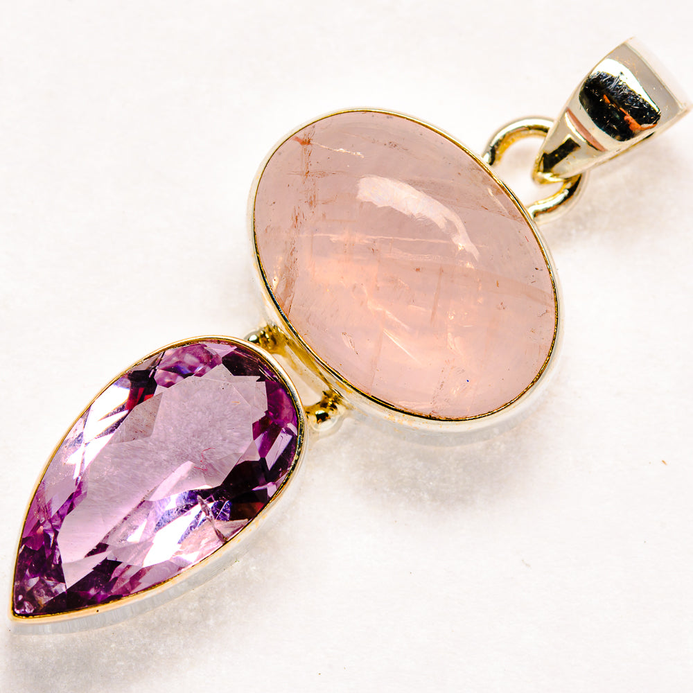 Rose quartz and amethyst pendant with oval stones in 925 silver bezel