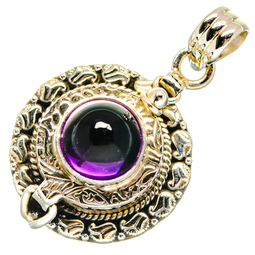 Poison Amethyst pendant, round silver filigree with dark gemstone and purple edge, bail top