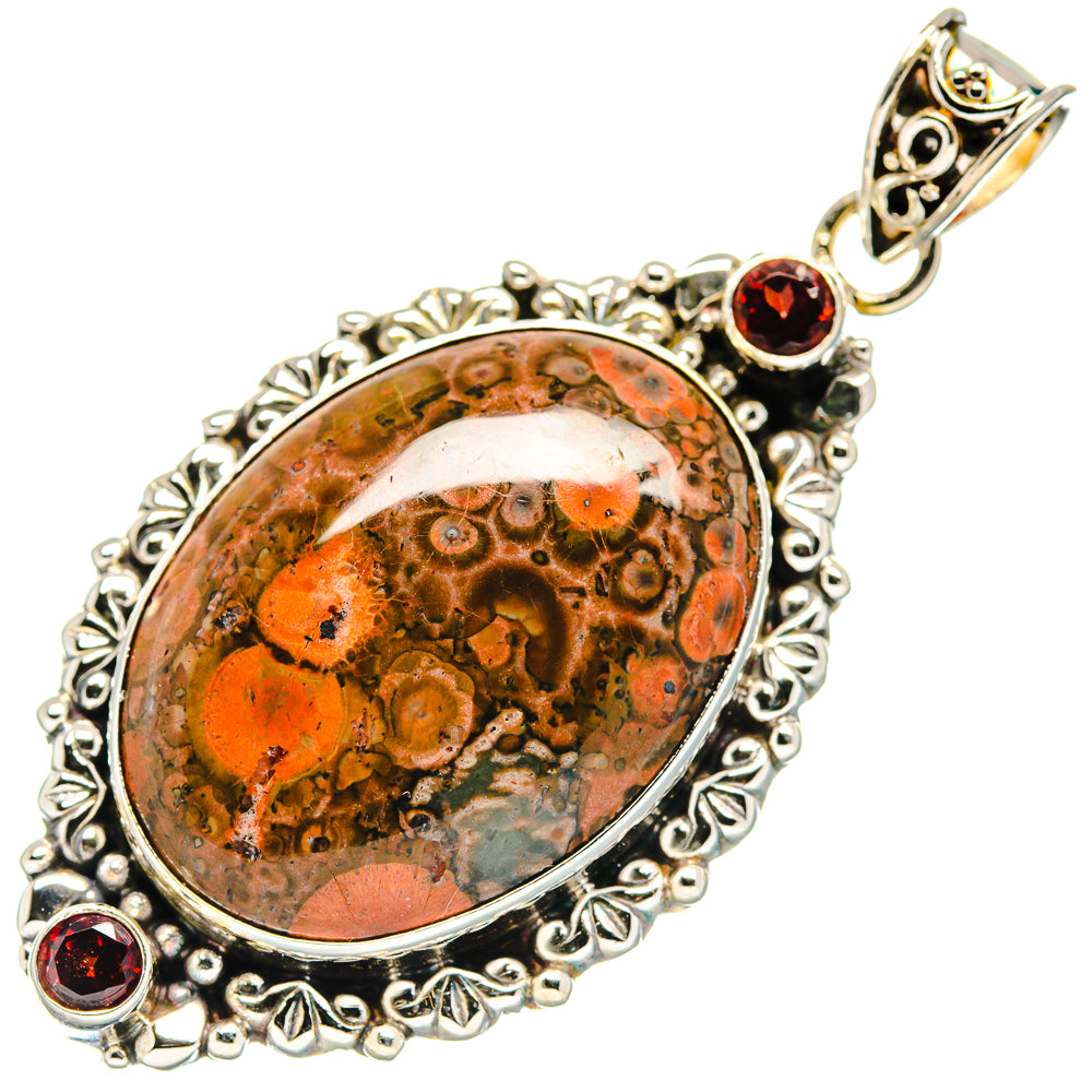 Oval poppy jasper cabochon pendant, filigree 925 sterling silver edge, red garnet stones