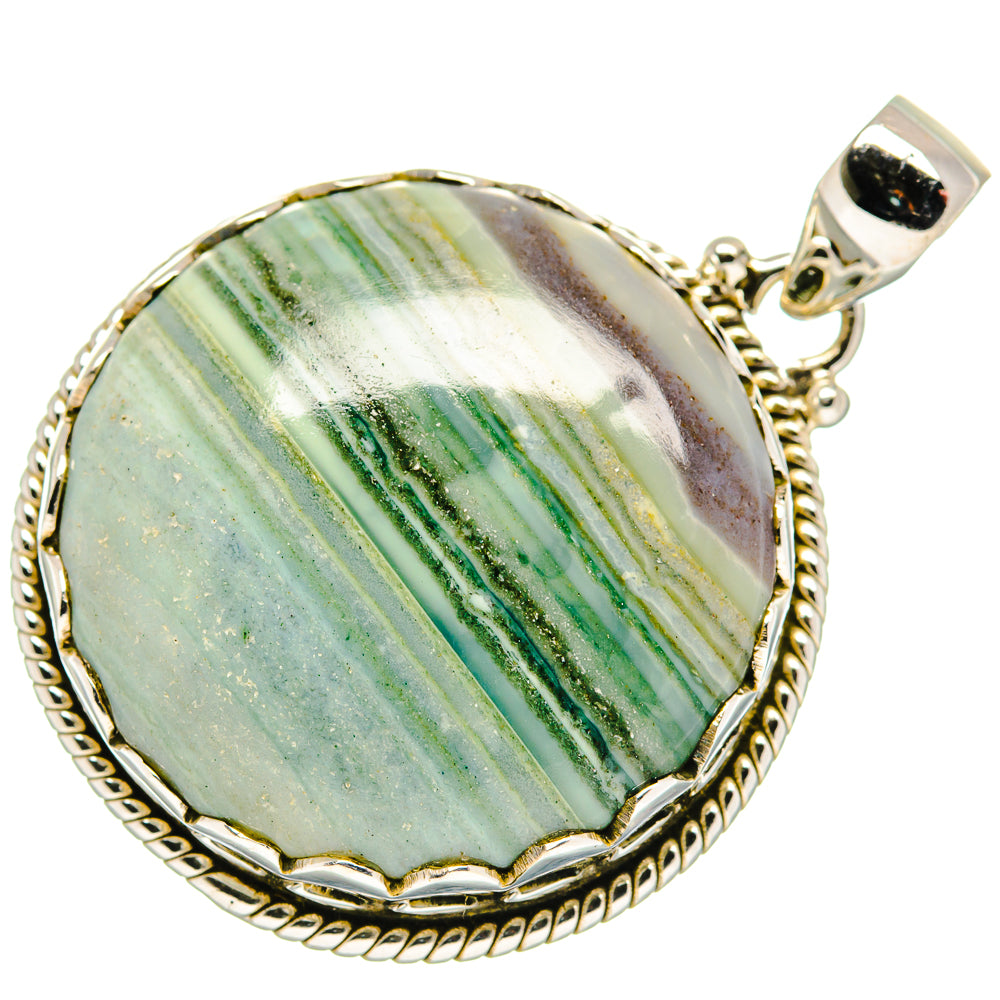 Ocean jasper pendant, oval green striped cabochon in rope silver bezel with bail