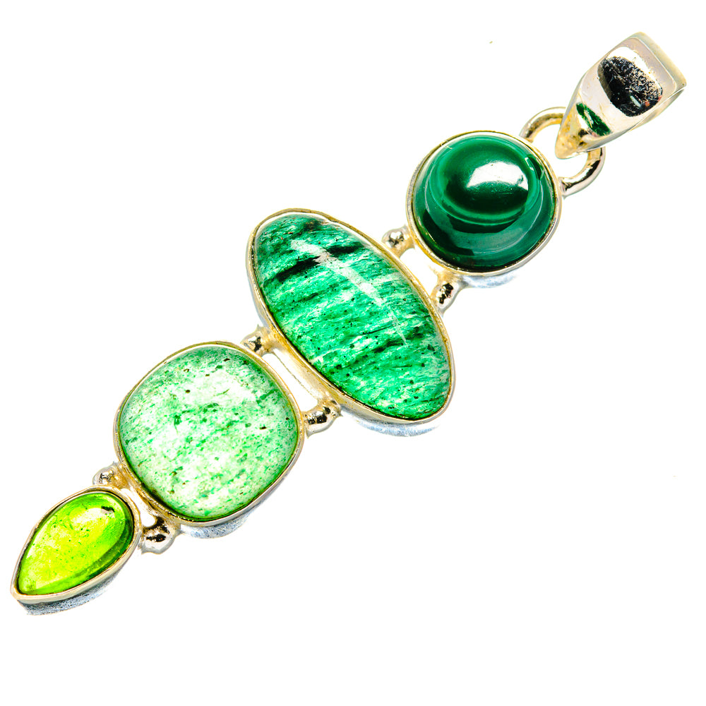 Green gemstone pendant with gold-tone setting and oval leaf-cut stones